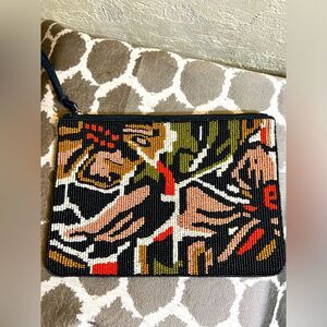 Anthropologie small beaded zip top bag, navy blue cotton back, beautiful beading